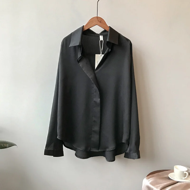 Женская рубашка с длинным рукавом и отложным воротником, однотонная черная винтажная Корейская женская блузка, осень, модные офисные женские топы - Цвет: Black
