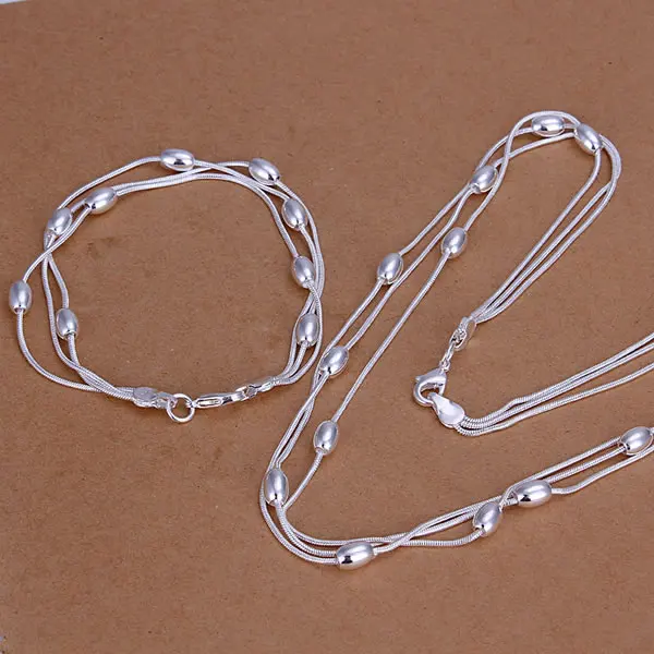 

S140 free shipping 925 silver jewelry set, fashion jewelry set Egg Shape Triple Strands Bracelet Necklace Jewelry Set