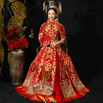 

Top Quality Oriental Women Wedding Dress Gown Vintage Ancient Bride Qipao Exquisite Embroidery Marriage Cheongsam Suit S-XXL