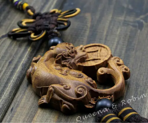 Деревянная резьба китайская статуя Pixiu Pi Yao Coin Foo Dog подвеска для автомобиля