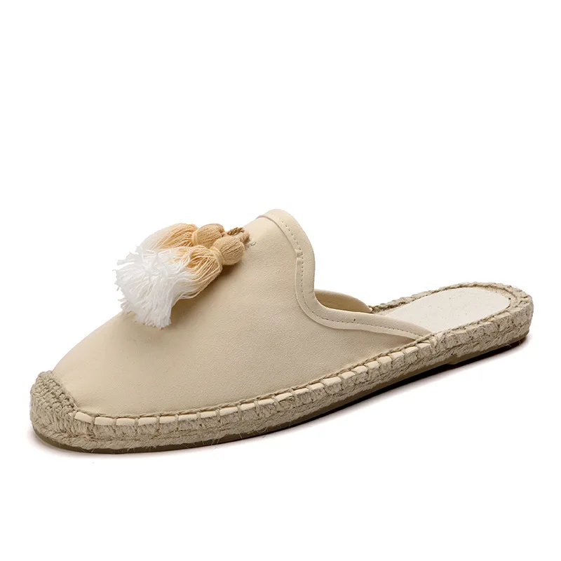 Summer New Canvas Tassel Metal Film Flat Bottom Shoes Flat Womens Sandals and Slippers