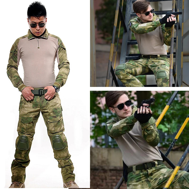 

Camoufalge Military Army Comabt Tracining Shirt + Pants With Knee And Elbow Pads Tactical Hunting Outdoor Sport Clothes Suits