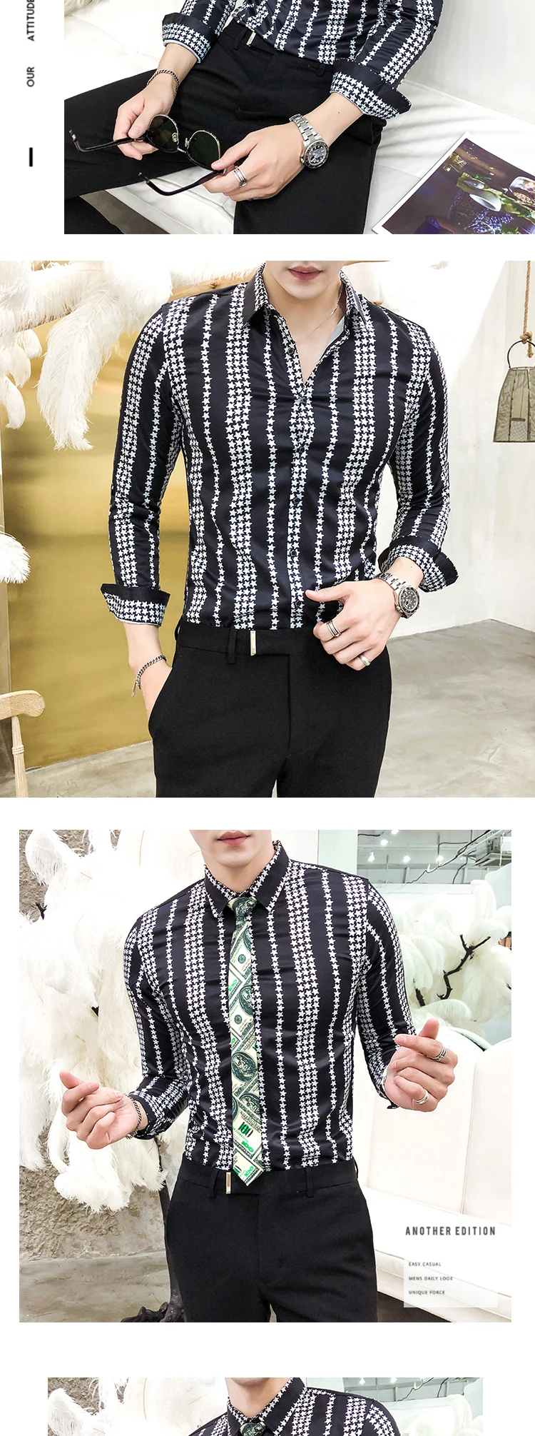 2019 Новый Для мужчин s корейский полосатый рубашка Для мужчин Slim Fit Черный полоса рубашка Мужской Длинные рукава и пуговицы платье Блузка