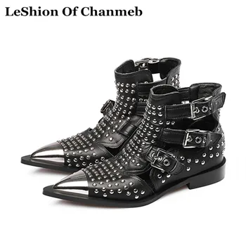 

Studded Cow Leather Street Ankle Boots Buckles Women Flat Gladiator Boots Zapatos Mujer Ladies Punk Metal Toe Cap Shoes Size 43
