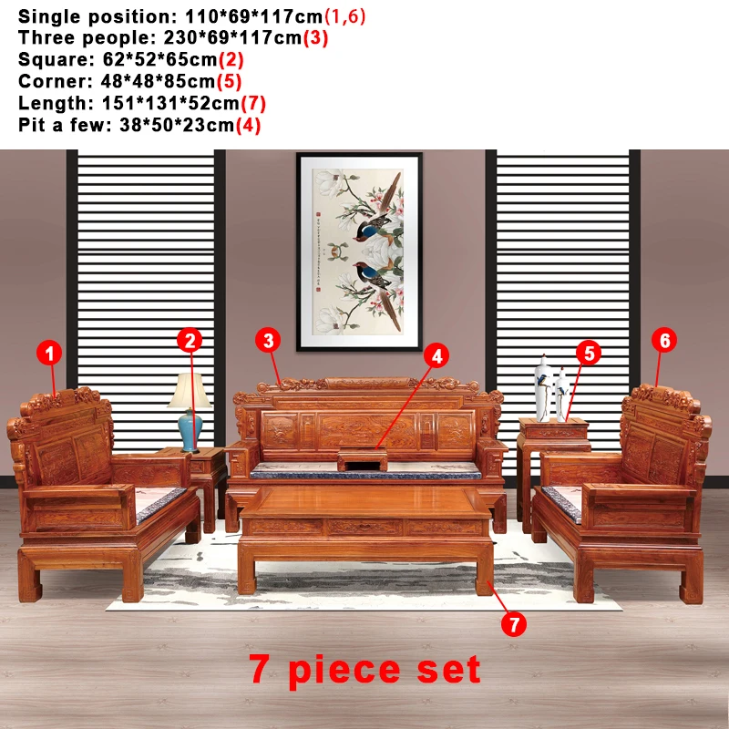 Rosewood Furniture Set Living Room Sofa Set 7pcs/Set Hedgehog Rosewood Coffee Table Solid Mahogany Chair Furniture