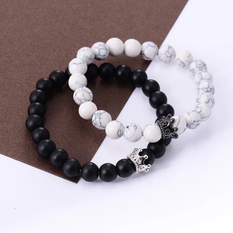 Simple Black White Stone Beads with Silver Color Alloy Crown Bracelet For Women Men Couple Bracelets Bangles Jewelry Lover Gift