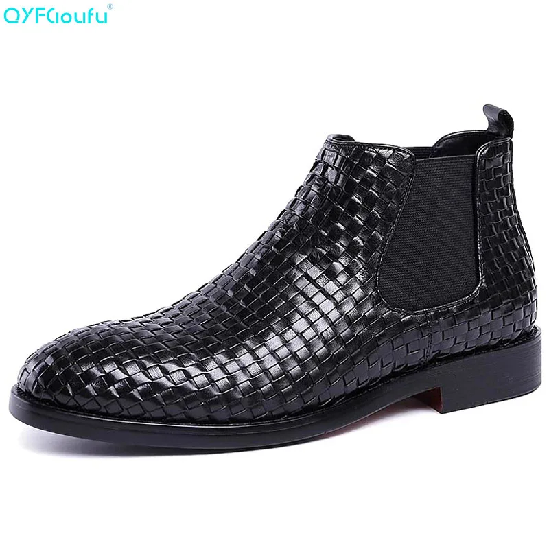

New Brand Handmade Chelsea Boots Men's Genuine Leather Dress Boots Shoes Luxury Male Vintage Weaving Ankle Boots
