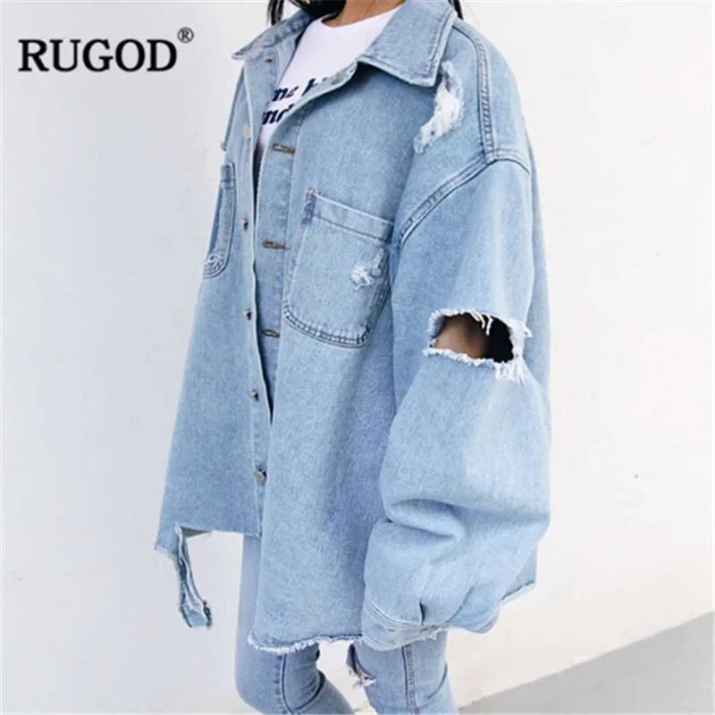 RUGOD, женские рваные джинсы, куртки и пальто, модная Свободная джинсовая куртка бойфренда с кисточками, джинсовая куртка больших размеров, пальто для женщин