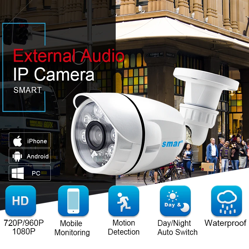 Цилиндрическая IP камера Smar HD 720P 960P 1080P с аудио Onvif уличная Водонепроницаемая