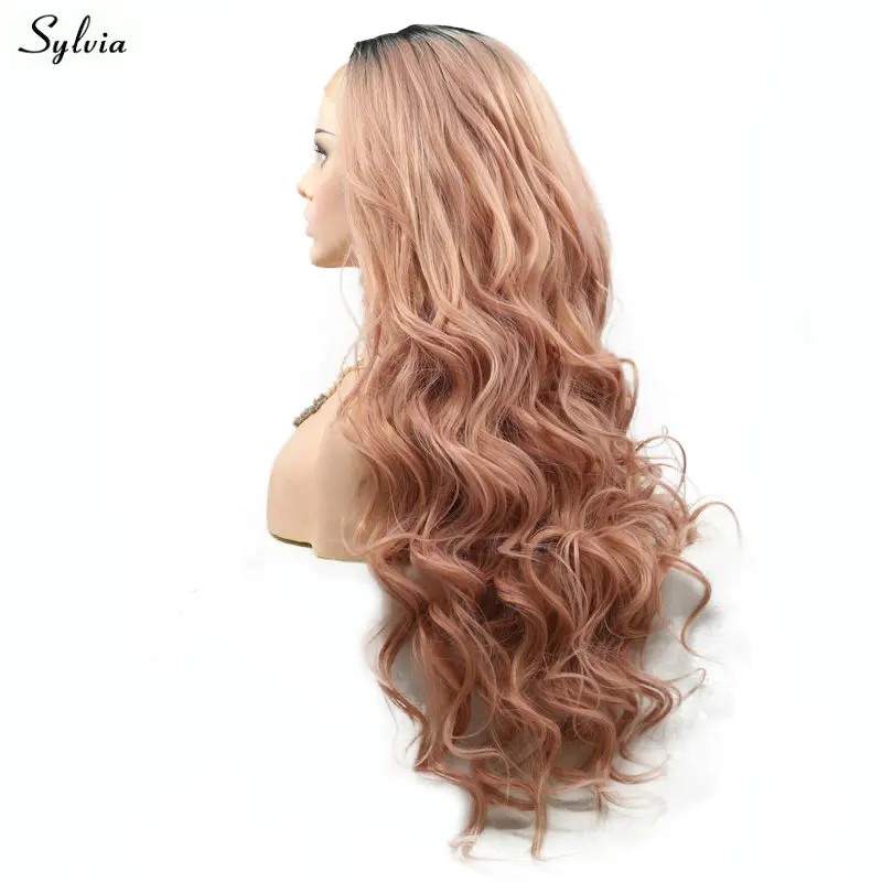 Sylvia естественная волна дым розовый парик высокого Температура Волокно длинные волосы черные корней до золото розовый/розовое золото