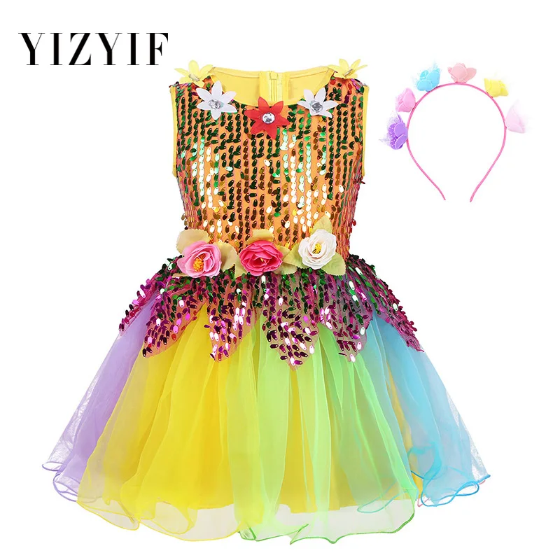 

Girls Dress 2019 Kids Ballet Jazz Latin dance costumes Sequined Ballet Dress Sleeveless Flower Rainbow Tulle Dress and Hair Hoop