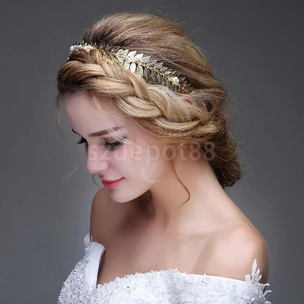 

Wedding Bridal Crystal Pearls Leaf Hairband Headband Crown for Women Golden