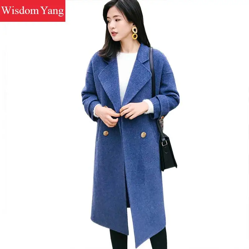 

Elegant Winter White Blue Coat Long Sheep Wool Alpaca Coats Casual Korean Women Female Woolen Overcoat Office Ladies Outerwear