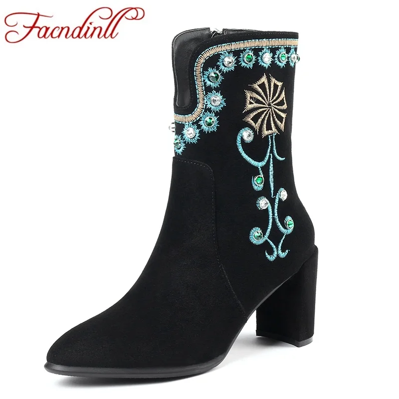 Femme Zipper Chaussures Sexy Haute Talons Robe Brodent Partie Facndinll Black Nouvelle Bottines Bottes Marque Pointu Bout Femmes Courtes Noir SwxOIPfq
