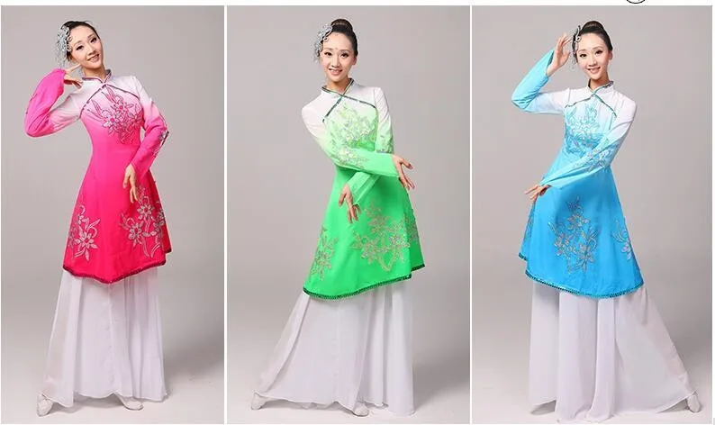 (0115) muliti градиент цвета в китайском этническом костюмы Yangko Танцы Одежда Классическая женский вентилятор миф Фея для выступления