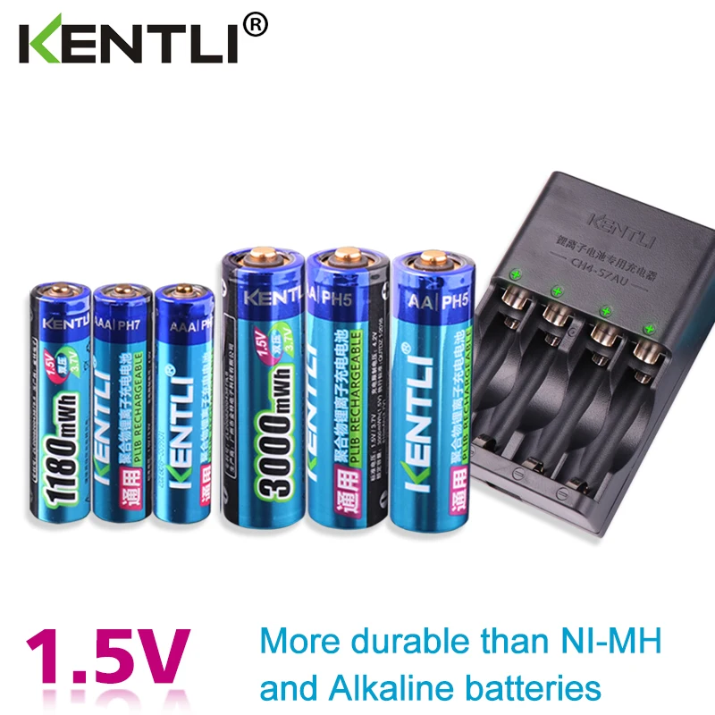 KENTLI 6 шт. 1 5 в aa aaa аккумуляторные литий ионные полимерные литиевые батареи + 3 слота