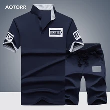 Летние короткие комплекты мужские повседневные костюмы Спортивная Мужская s набор спортивные костюмы брендовая одежда стенд воротники футболки хип хоп+ шорты