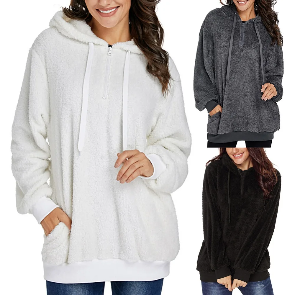 Сплошной цвет стандартные пуловеры регулярные круглый вырез горловины с длинными рукавами Повседневная с карманом пальто и Плюшевые Топ