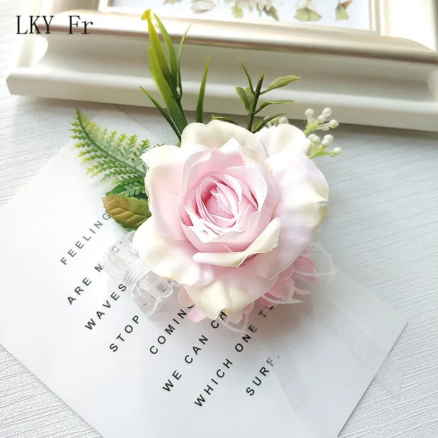 LKY Fr Boutonniere Flowers Corsage Pin Boutonniere Buttonhole Men Wedding Bracelet Bridesmaid Wedding Buttonhole Witness Corsage Light Pink Bracelet