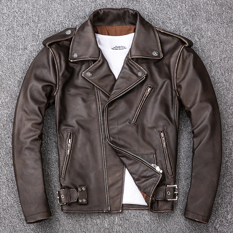 

Vintage Retro Washed Stone Grinding Cowhide Leather Motorcycle Clothing Turn-Down Collar Genuine Leather Jacket Men Biker Coat