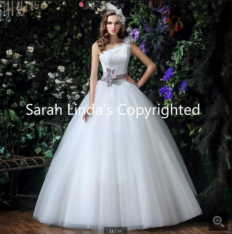 

2016 new designer ball gown one strap wedding dress formal sashes flower puffy bride dress best selling