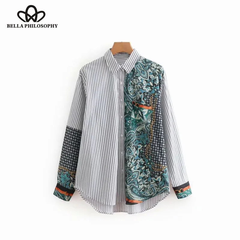 Wonder 2018 new women vintage printing patchwork striped casual business Blouse shirt women retro autumn Feminina Blusas tops