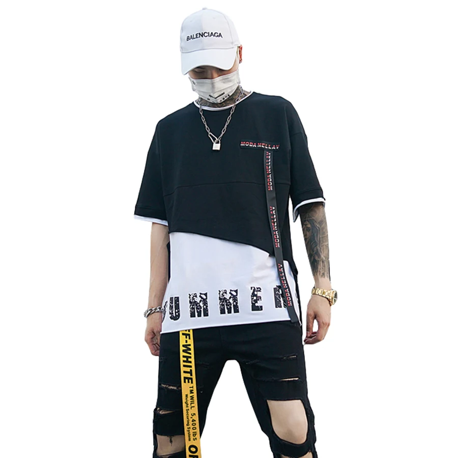 

Patchwork High Street t-Shirt Men Harajuku Ribbion Summer Streetwear Hip Hop Tshirts Men Graphic Funny Rock Punk T Shirt Male