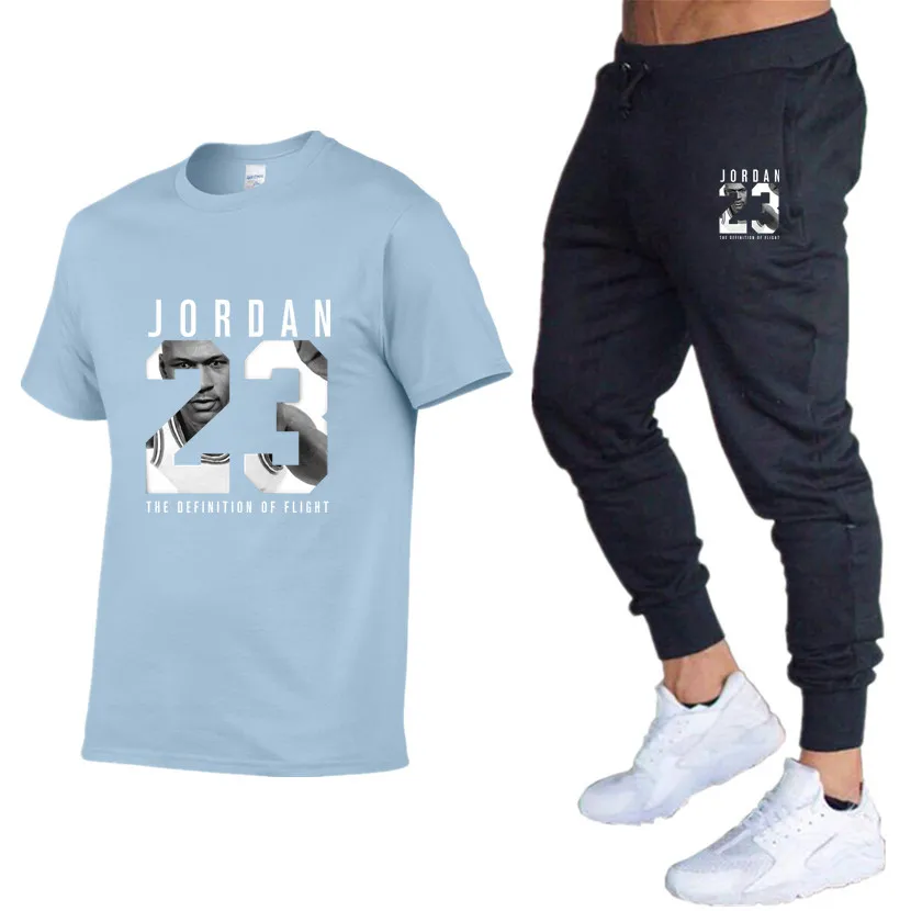 Мужские летние комплекты из двух предметов, футболки+ брюки, мужские хлопковые топы, модные футболки Jordan 23, футболка высокого качества, спортивные костюмы, 2 комплекта - Цвет: Light blue 76