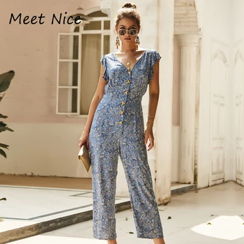 

New Arrival Long Rompers Womens Jumpsuit Fashion Floral Printed V Neck Ruffles Jumpsuits Overalls Macacao Feminino