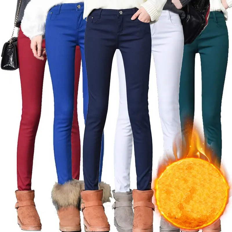 Well-sewn Winter Fleece Solid Lady Pocket Pants Plus Velvet Slim Women's Thick Pencil Pants With Warm Lining Office Boots Pants