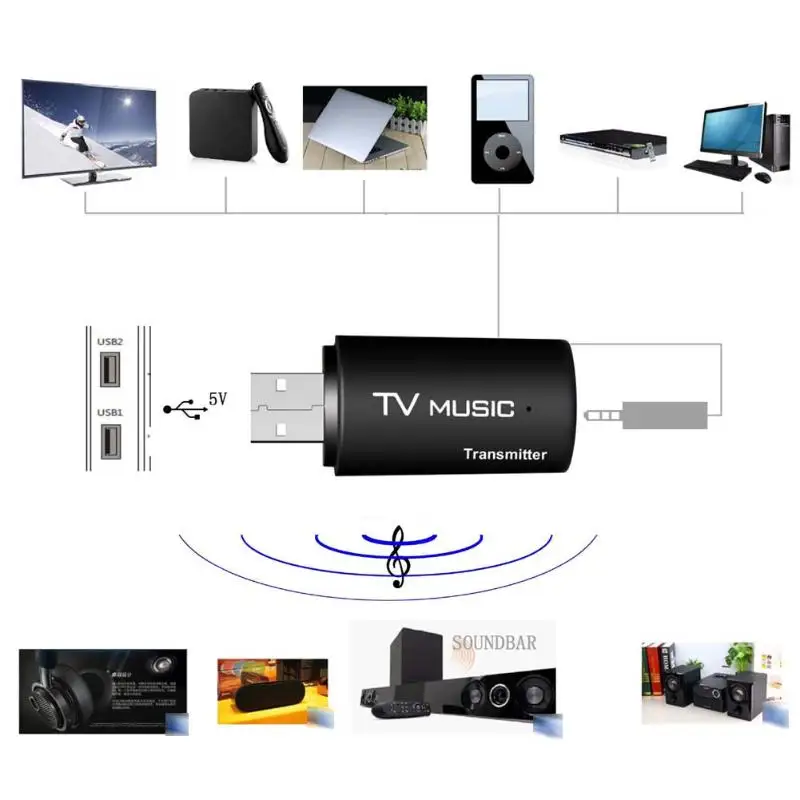 

USB Bluetooth Audio Transmitter Wireless Stereo Bluetooth Music Box Dongle Adapter with 3.5mm Audio Plug for TV MP3 PC Black