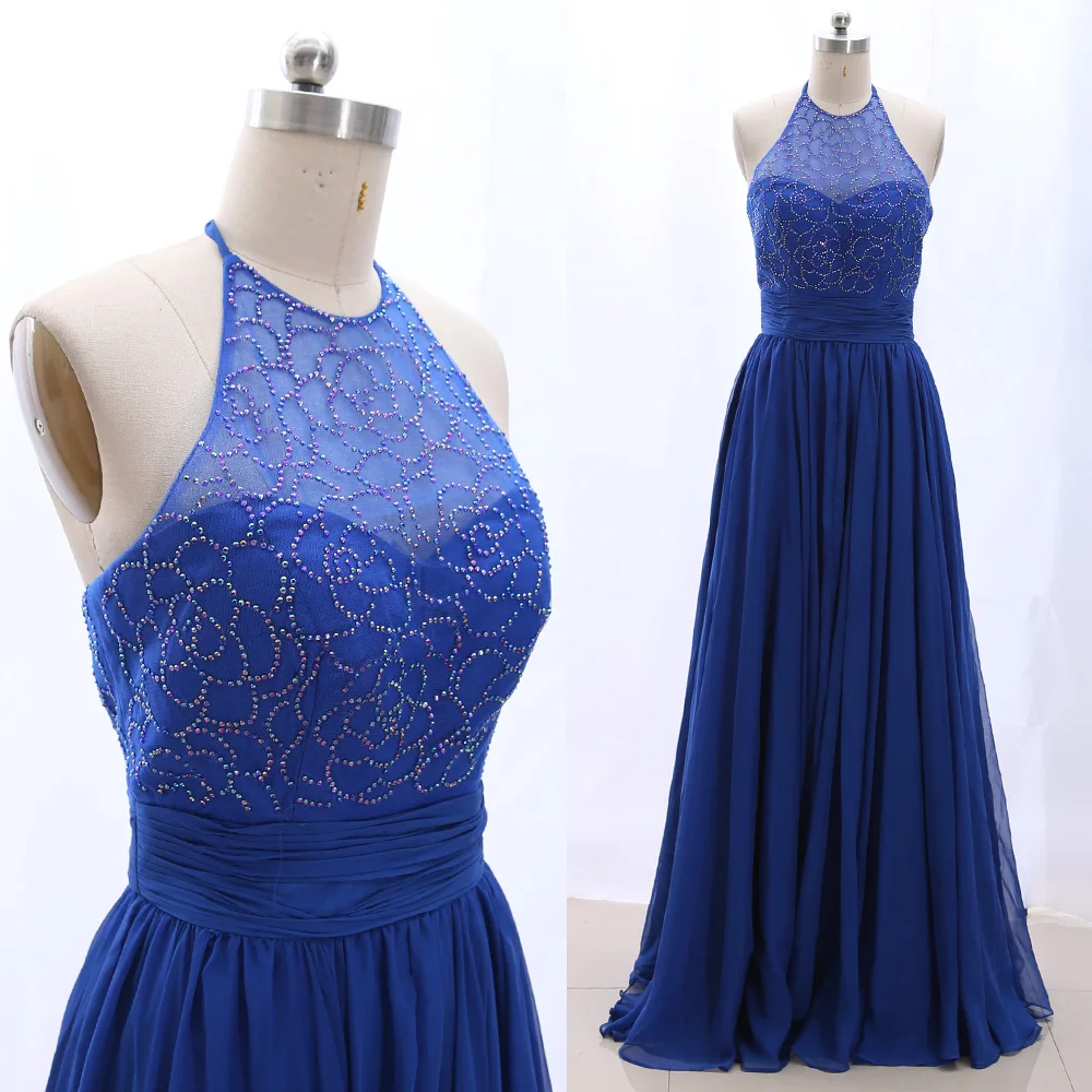 MACloth/синее платье трапециевидной формы с бретелькой длиной до пола, шифоновое платье для выпускного вечера с кристаллами, Размеры S 265186