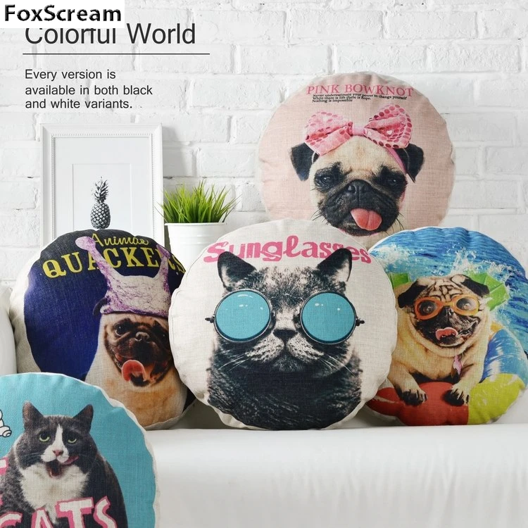 Pug Dog Pillow Round Decorative Pillows Cases Sofa Blue Linen Cotton Throw Cushion Home Decor Pillowcase | Дом и сад