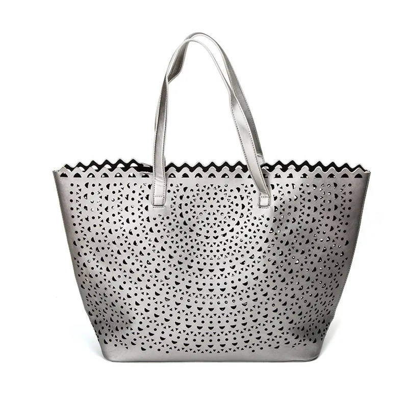 

Large Capacity Women Shopping Bags Hollow Out PU Leather Travel Tote Bags Lady Casual Silver Temperamental Top Handle Handbags
