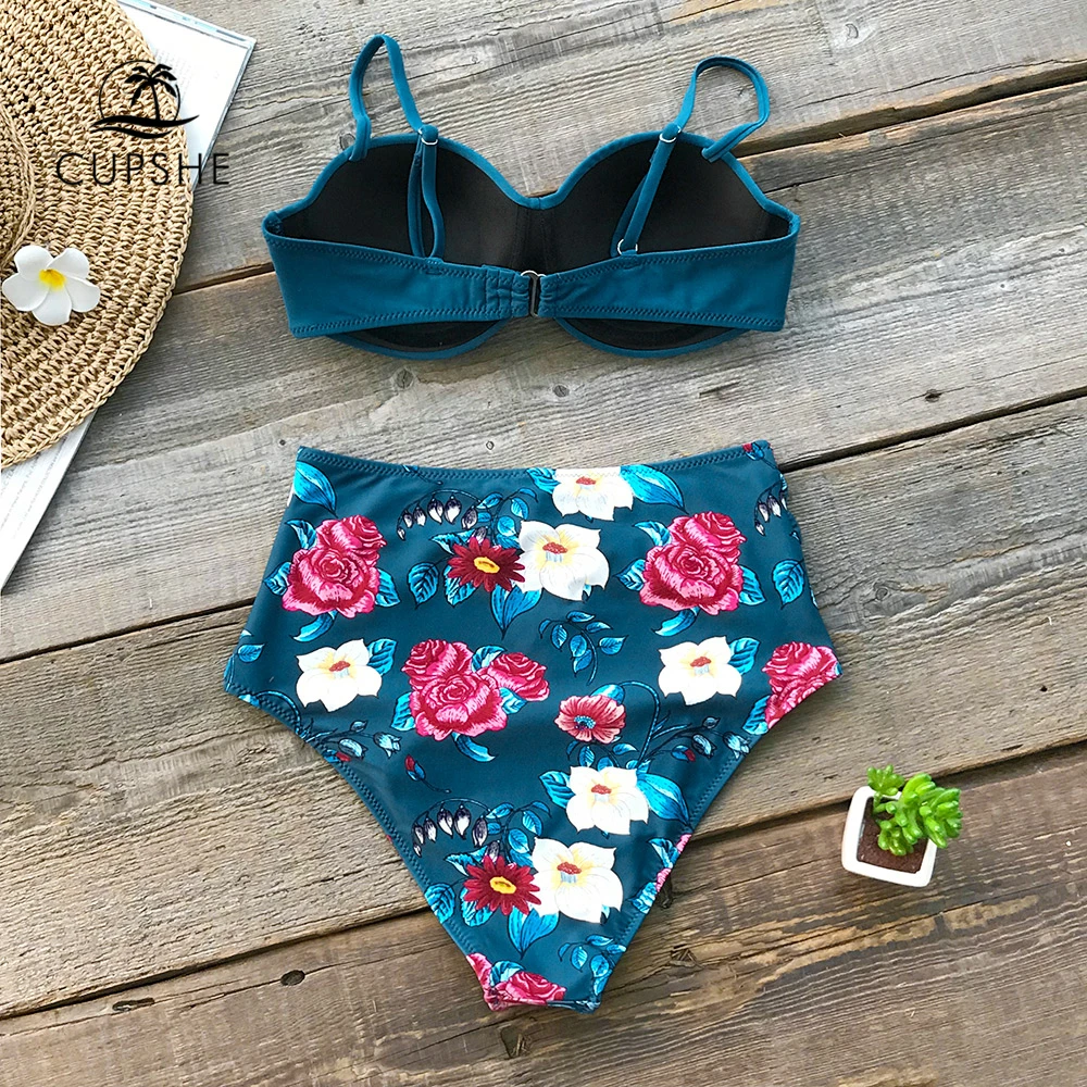 CUPSHE Blue Floral High Waist Bikini Sets Women Sexy Moulded Cup Push Up Two Pieces Swimsuits 2019 Girl Beach Bathing Suit CUPSHE Blue Floral High Waist Bikini Sets Women Sexy Moulded Cup Push Up Two Pieces Swimsuits 2019 Girl Beach Bathing Suit