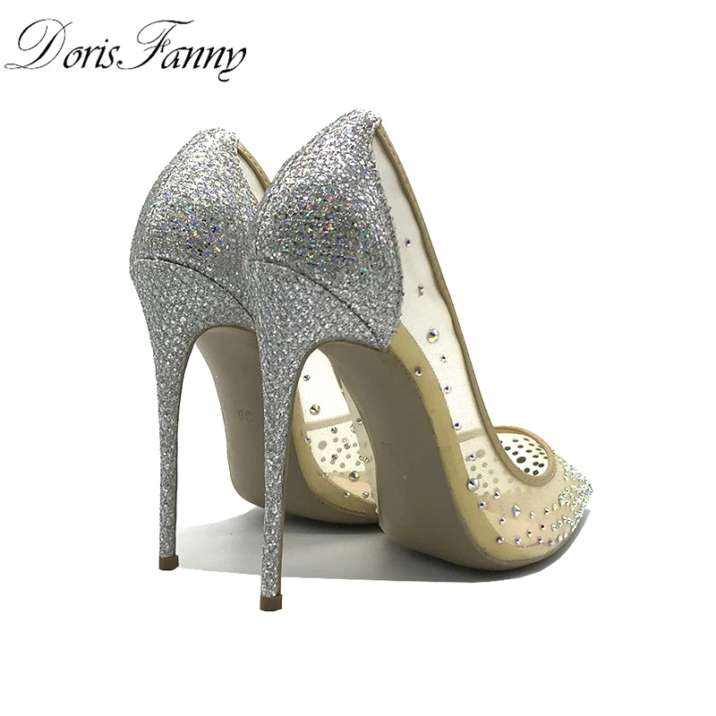 Дорис Fanny пикантная женская обувь вечерние острый носок стразы на каблуке; серебристые женские туфли на высоком каблуке женские туфли-лодочки на высоком каблуке 12 см свадебные туфли; размер 43 размер