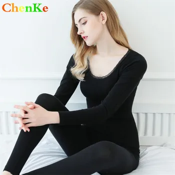 

ChenKe Women Warm Thermal Underwear Woman Long Johns Long Sleeve Thermal Clothing Lace Round Neck Underwears Sets