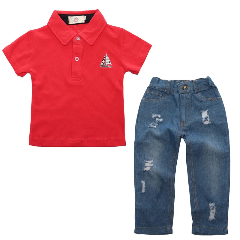 

Top Toddler Boy Clothes Suit Fashion Kids Girls Summer Clothes Kit Cotton Red Short Sleeve T-shirt+Jeans 2 Piece Child Clothing