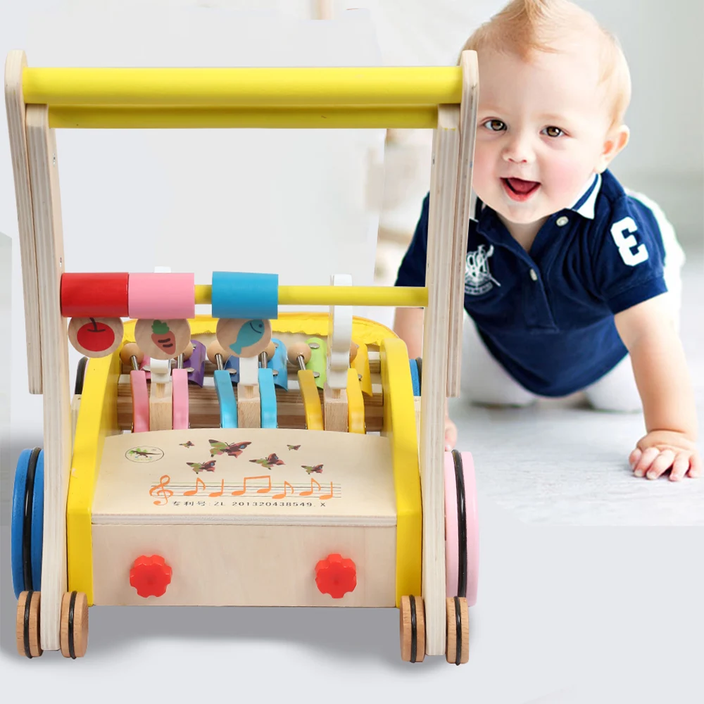 

Wooden Baby Walker Hand Push Toy For Toddler Folding Design Anti-Collision Cushion Design Baby First Steps for Kid's Early Learn