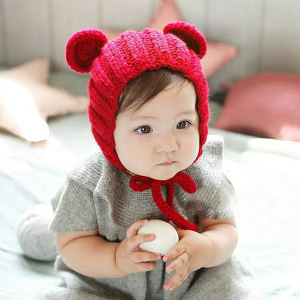 Newborn Boys Girl Soft Knitted String Hats Mother Kids Baby Bear Ears
