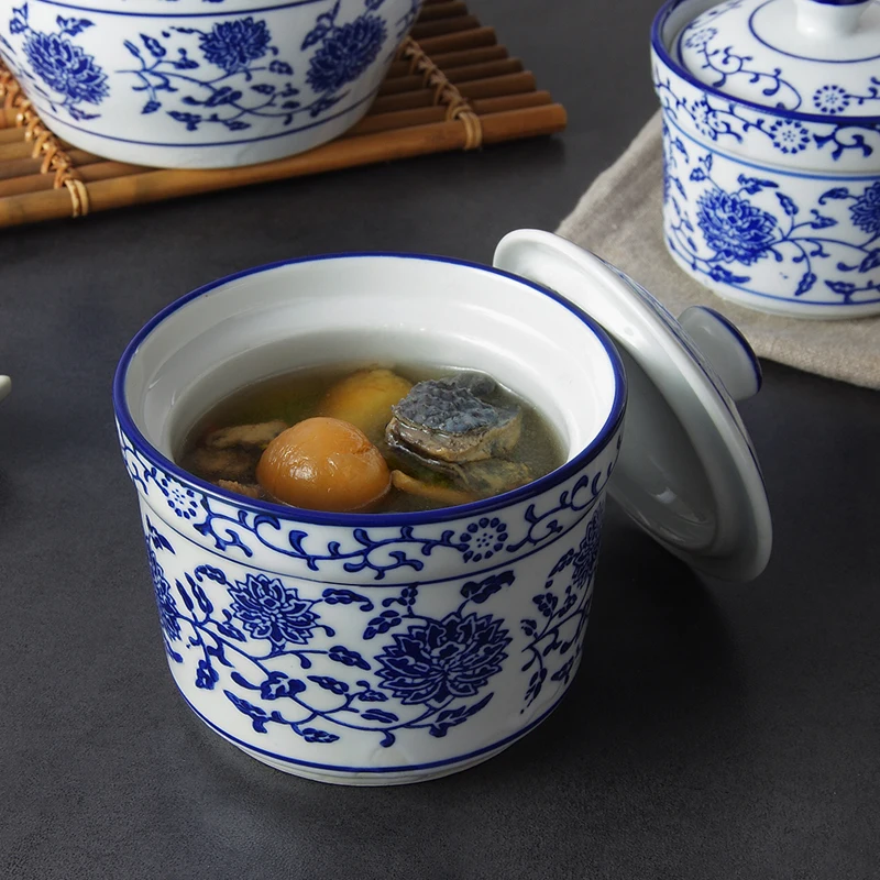 

Blue And White Porcelain With Lid Soup Steamed Egg Stew Home Ceramic Soup Dessert Small Stew Kitchen Tool