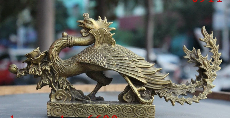 

9" China JiXiang Brass Carved Beautiful Fly Phoenix Flower Auspicious Statue