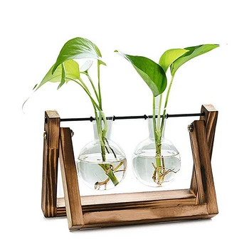 

Hydroponic Plant Vases Transparent Terrarium Glass Bulb Vase With Wooden Frame Shelf Tabletop Plants Bonsai Pot Room Decoration