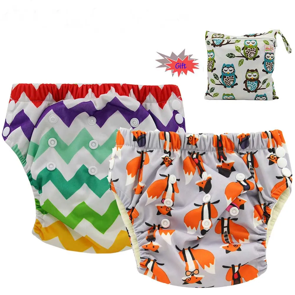 

2PCS/Pack Ohbabyk Baby Training Pants Reussble Cloth Diaper Nappies Waterproof Adjustable Potty Traning Pants with 1 Diaper Bag
