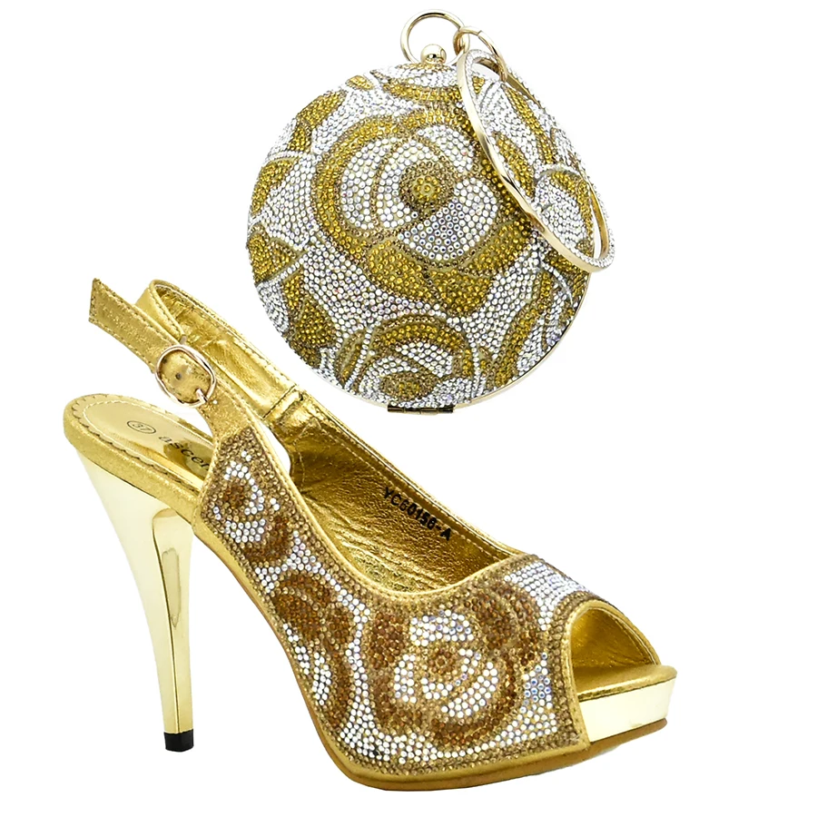 

2018 High Quality African Designer Shoe And Bag Set To Match Luxury Gold Color Italian Shoes With Matching Bags Set Crystal