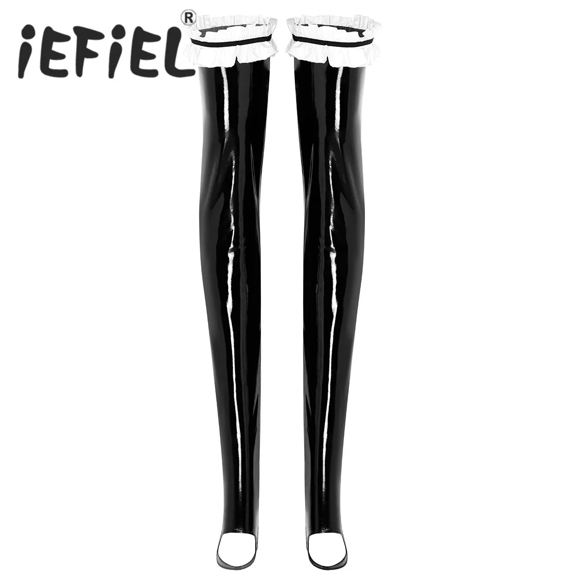 

New Arrival Sexy Black Women Lingerie Wet Look Patent Leather Thigh High Stay Up Ruffled Stockings for Clubwear Cosplay Clothes