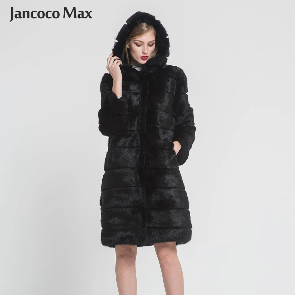 Зимнее теплое женское длинное пальто с натуральным кроличьим мехом верхняя одежда с мехом высшего качества Женская Роскошная куртка с капюшоном S7379