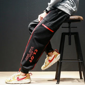 

Chinese Style Oversize M-5XL Streetwear Hip-hop Loose Open Line Pocket Alphabet Printed Casual Pants Male Hallen Bottom Trousers