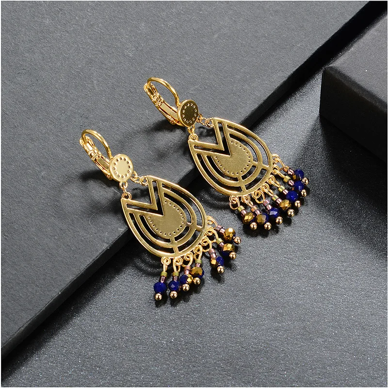 Dorado New Design Trendy Bohemian Hollow Letter V Earrings Long Tassel Resin Beaded  Drop Big Earrings Pendants For Women  (5)