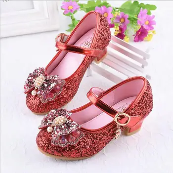 

Fashion Girls Party Wedding Shoes Princess Shoe Leather Glitter Crystals Rhinestones Wedge Butterfly Knot Kids Leather Shoes